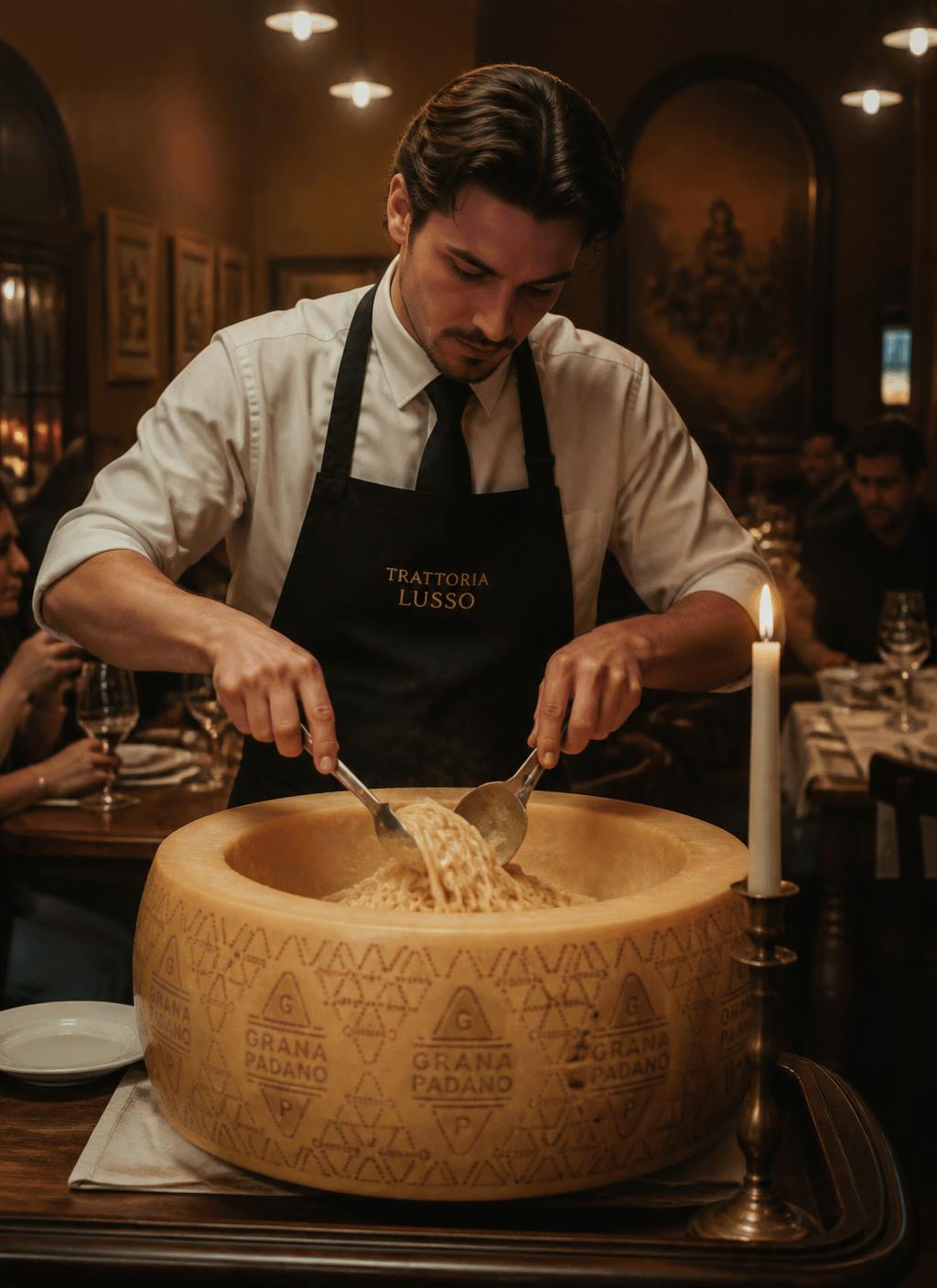 Waiter finishing pasta inside a wheel of Grana Padano tableside