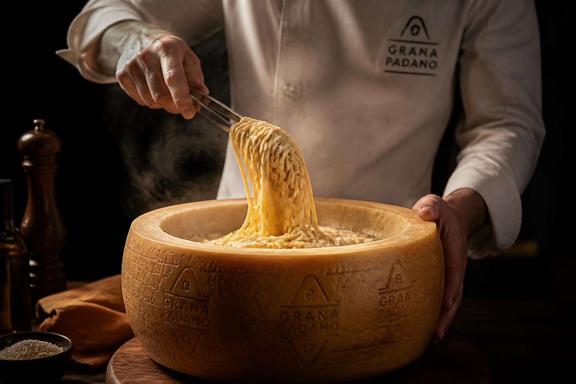 Chef finishing fresh pasta inside a wheel of Grana Padano at Villa di Roma